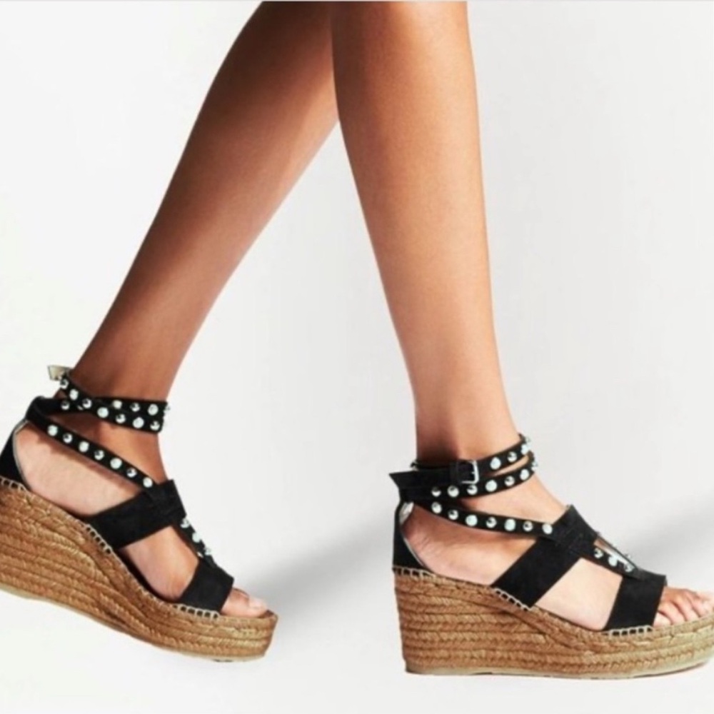 Jimmy Choo Black and Tan Wedge Sandals